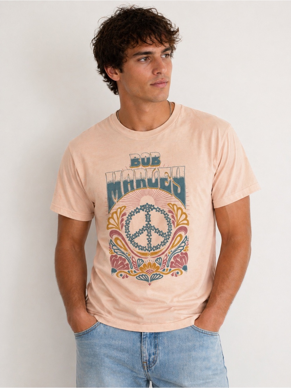 AE Band Tee  Peach Graphic Peace Sign Tee with Retro Floral Print Bob Marley